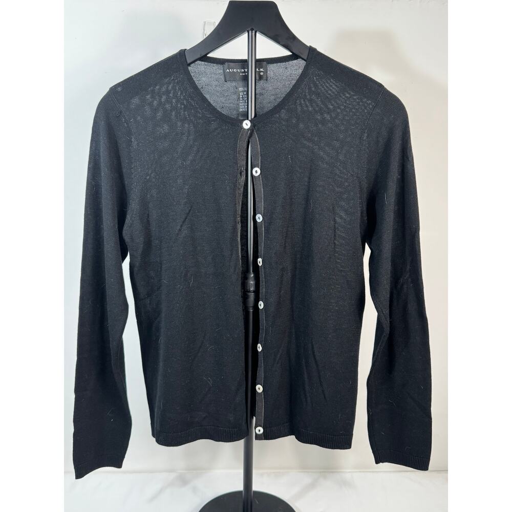 August Silk 100% Silk Knit Cardigan Sweater Black Sz M Button Front Crew Neck